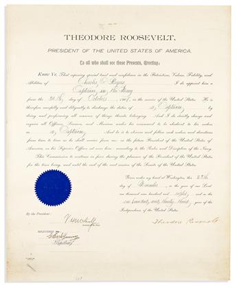 ROOSEVELT, THEODORE. Two partly-printed Documents Signed, as President, military commissions.